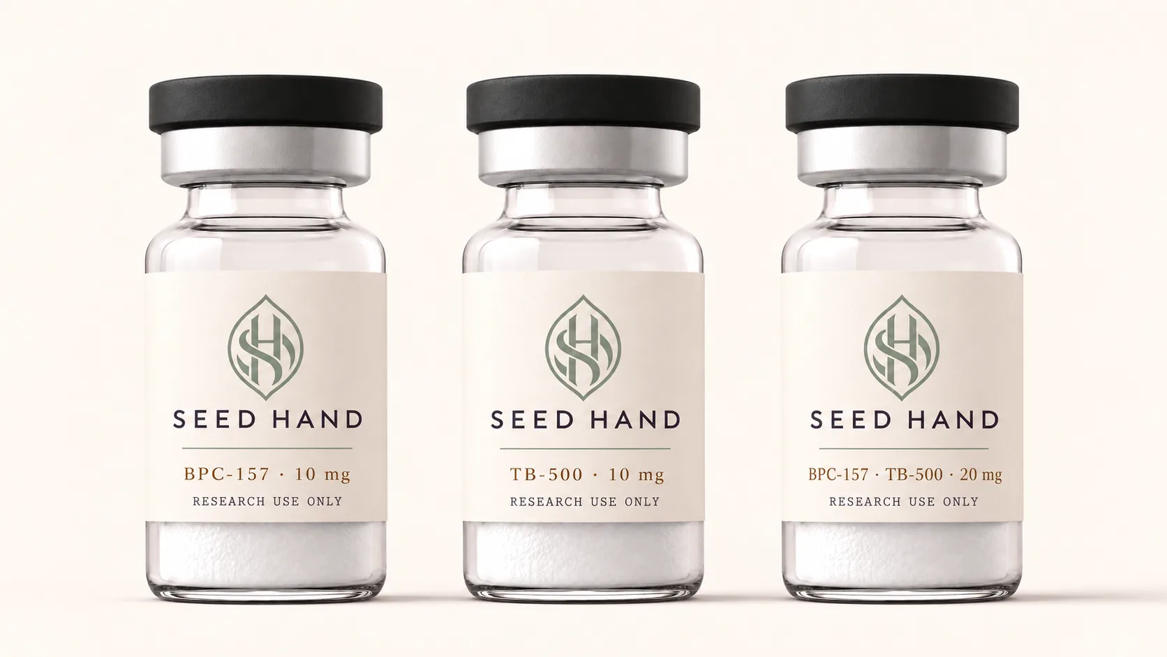 Three Seed Hand research vials sharing one ivory label